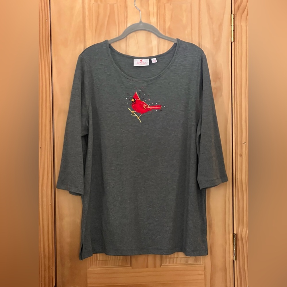 Quacker Factory Gray 3/4 Sleeve Top with Cardinal Detail 1X